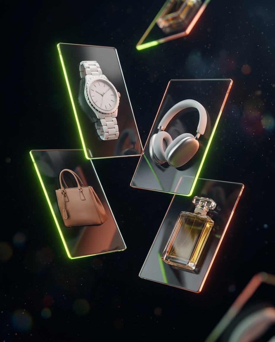 Cartes publicitaires produit flottantes (montre, casque, sac, parfum) avec contours néon lime et terracotta sur fond noir